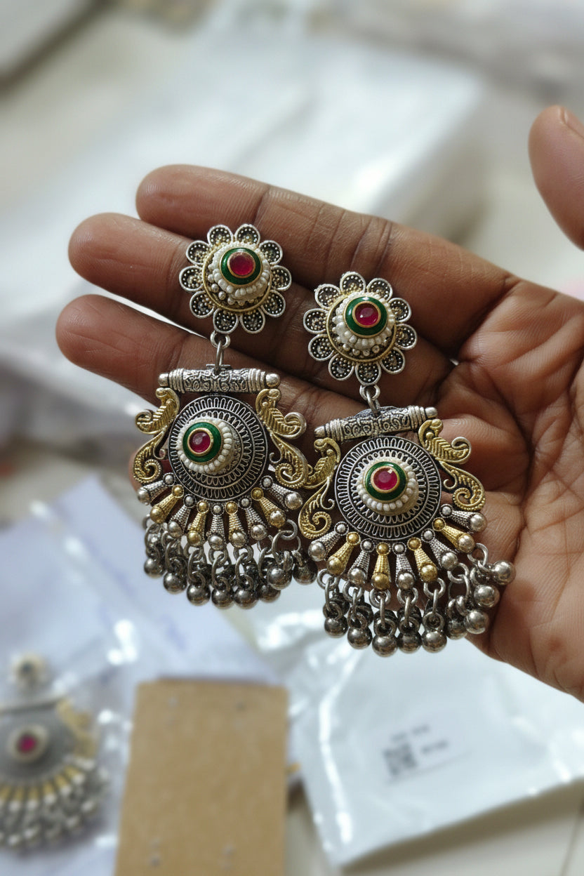 Antique Gold & Silver Meenakari Chandbali Earrings