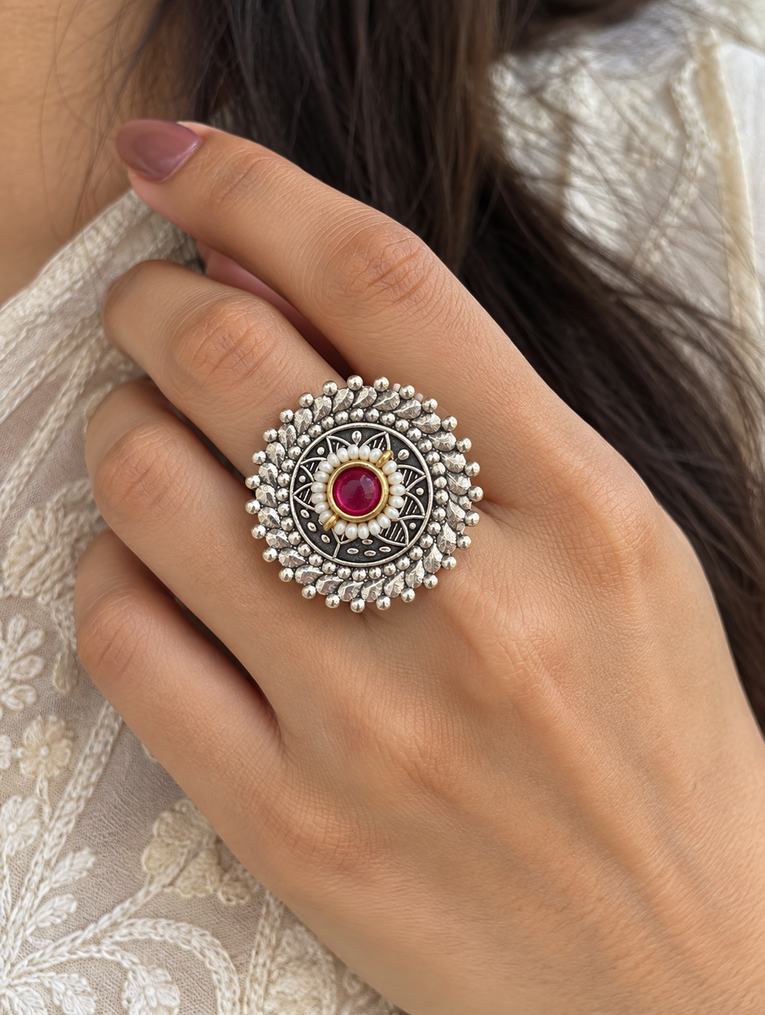 Oxidised Silver Ruby Pearl Statement Ring