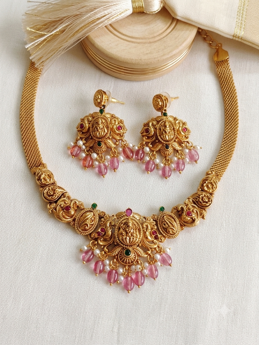 Antique Gold Temple Jewelry Set with Pink /green Beads