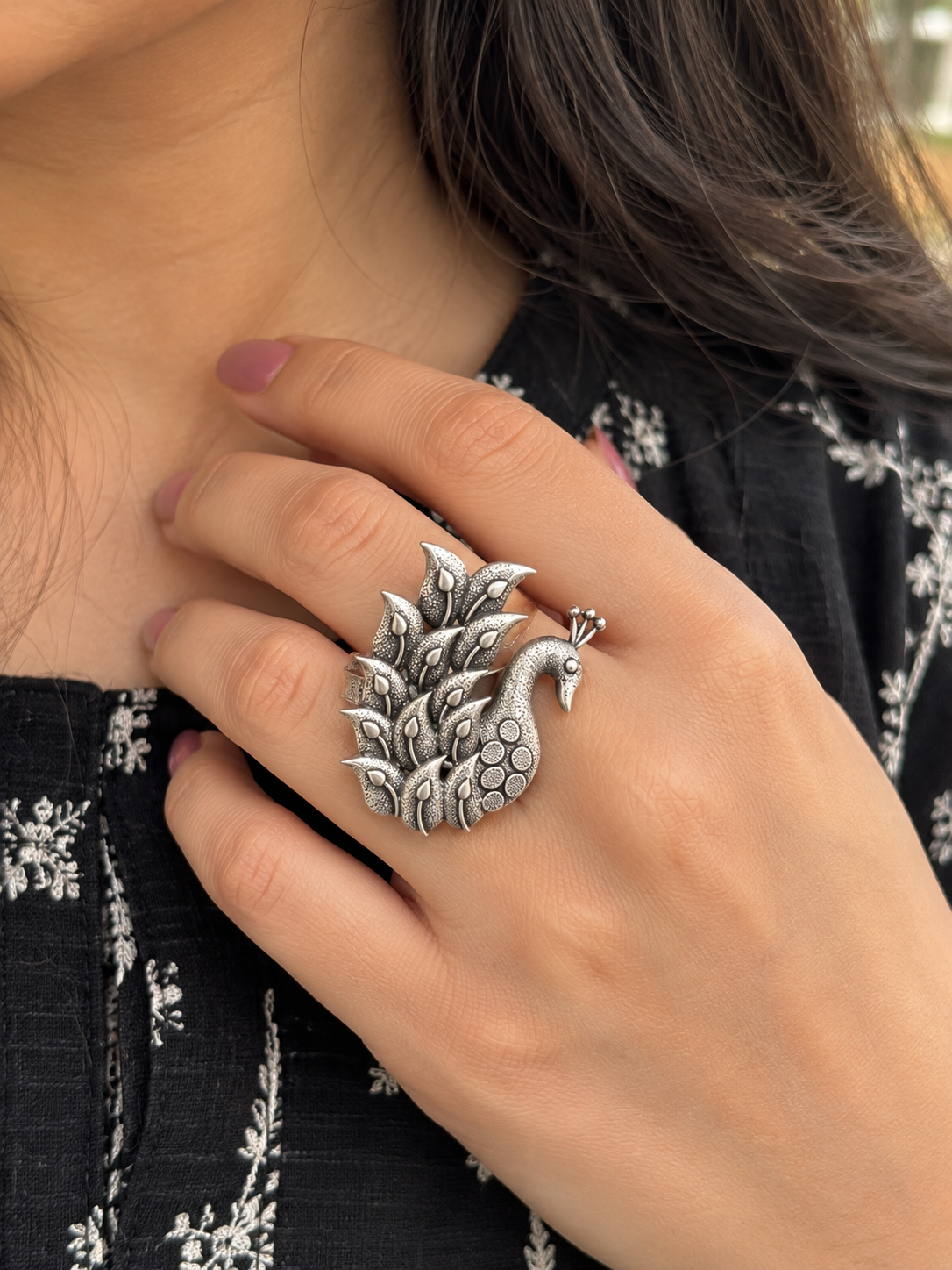 Oxidised Peacock Statement Adjustable Ring