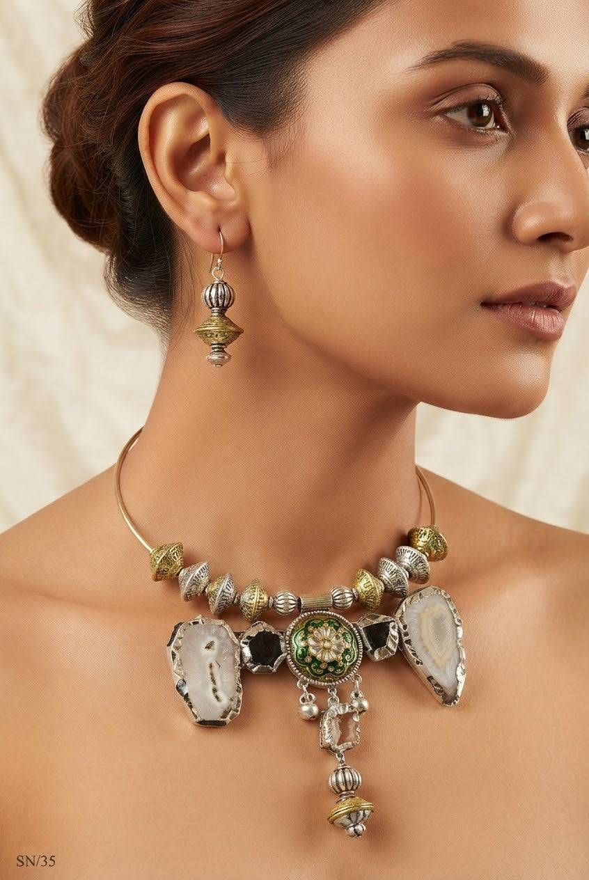 Oxidised Choker with Raw Stone