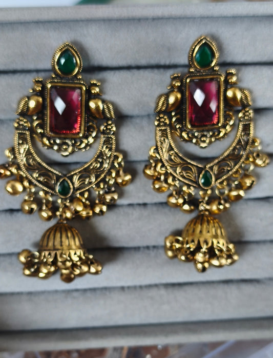 Antique Gold Ruby & Emerald Chandbali Jhumka Earrings