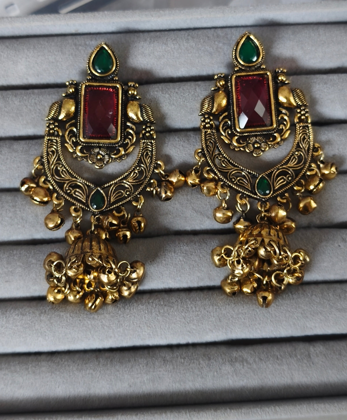 Antique Gold Ruby & Emerald Chandbali Jhumka Earrings