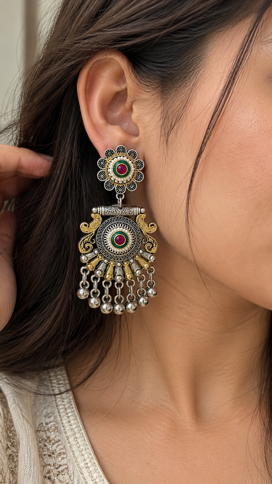 Antique Gold & Silver Meenakari Chandbali Earrings