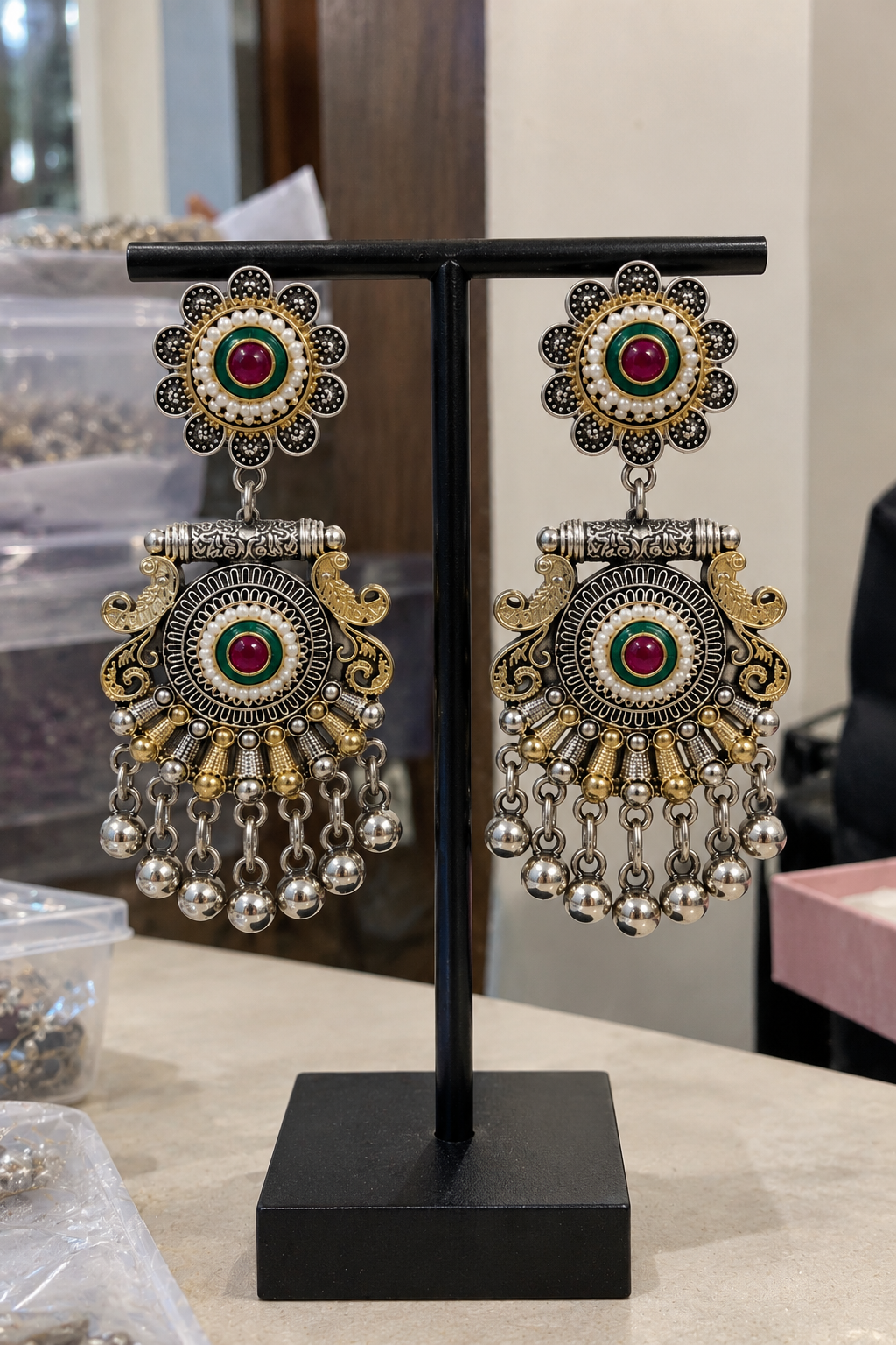 Antique Gold & Silver Meenakari Chandbali Earrings
