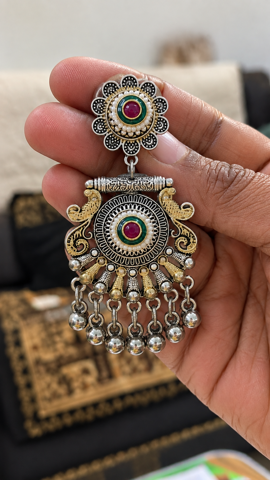 Antique Gold & Silver Meenakari Chandbali Earrings