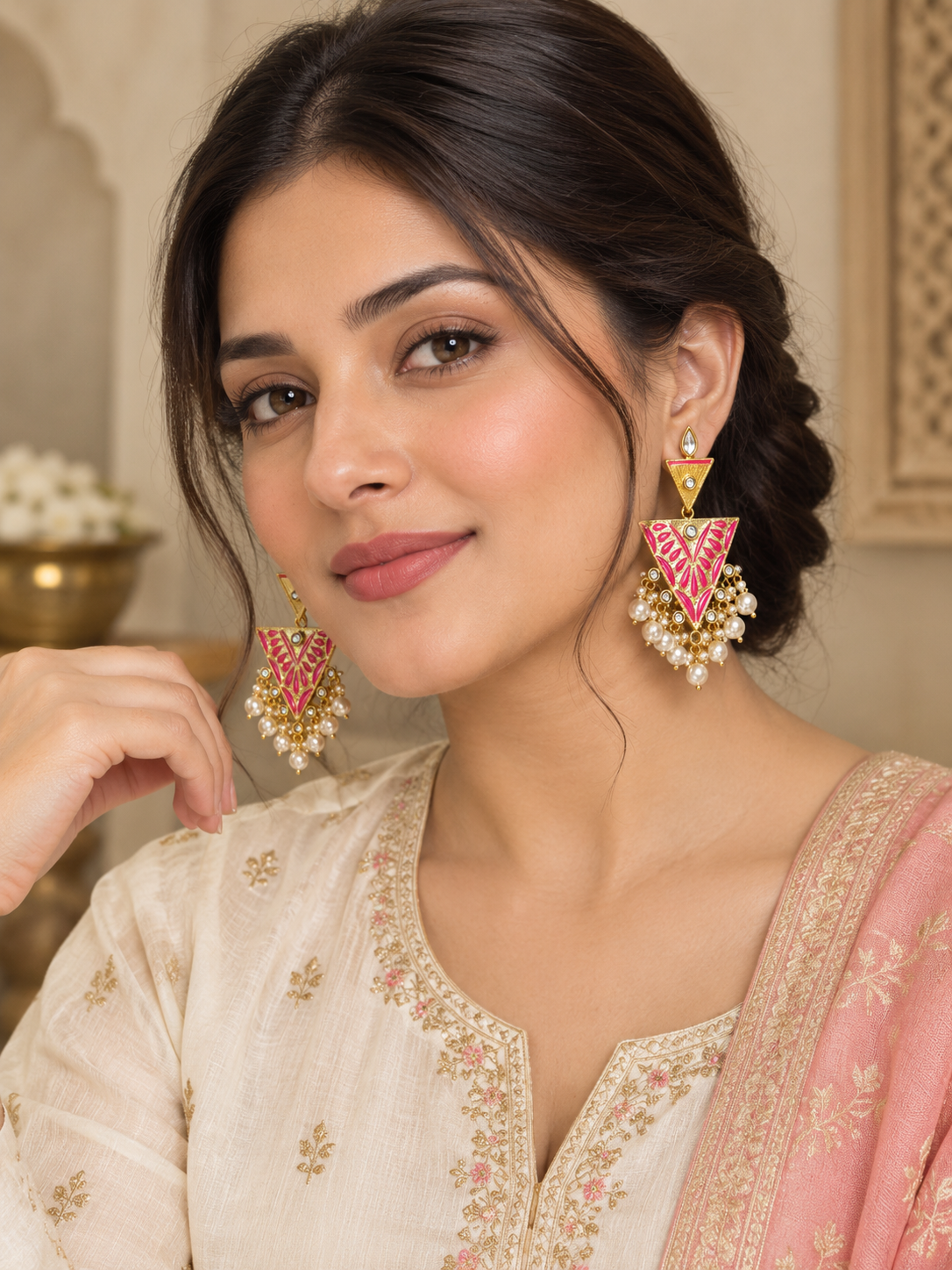 Pink Enamel Triangle Pearl Drop Earrings