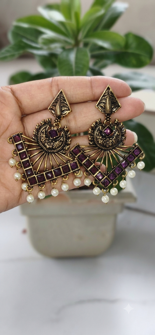 Antique Brass Crescent & V-Shaped Jhumka Earrings