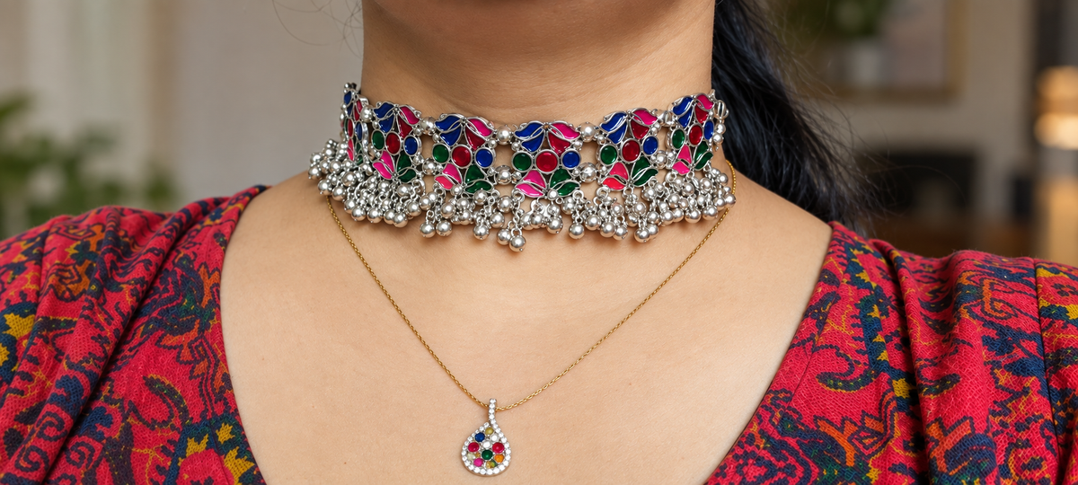 Multicolor Enamel Silver Choker Set
