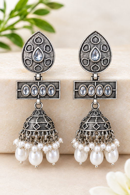 Oxidized Silver Pearl Drop Jhumka Earrings