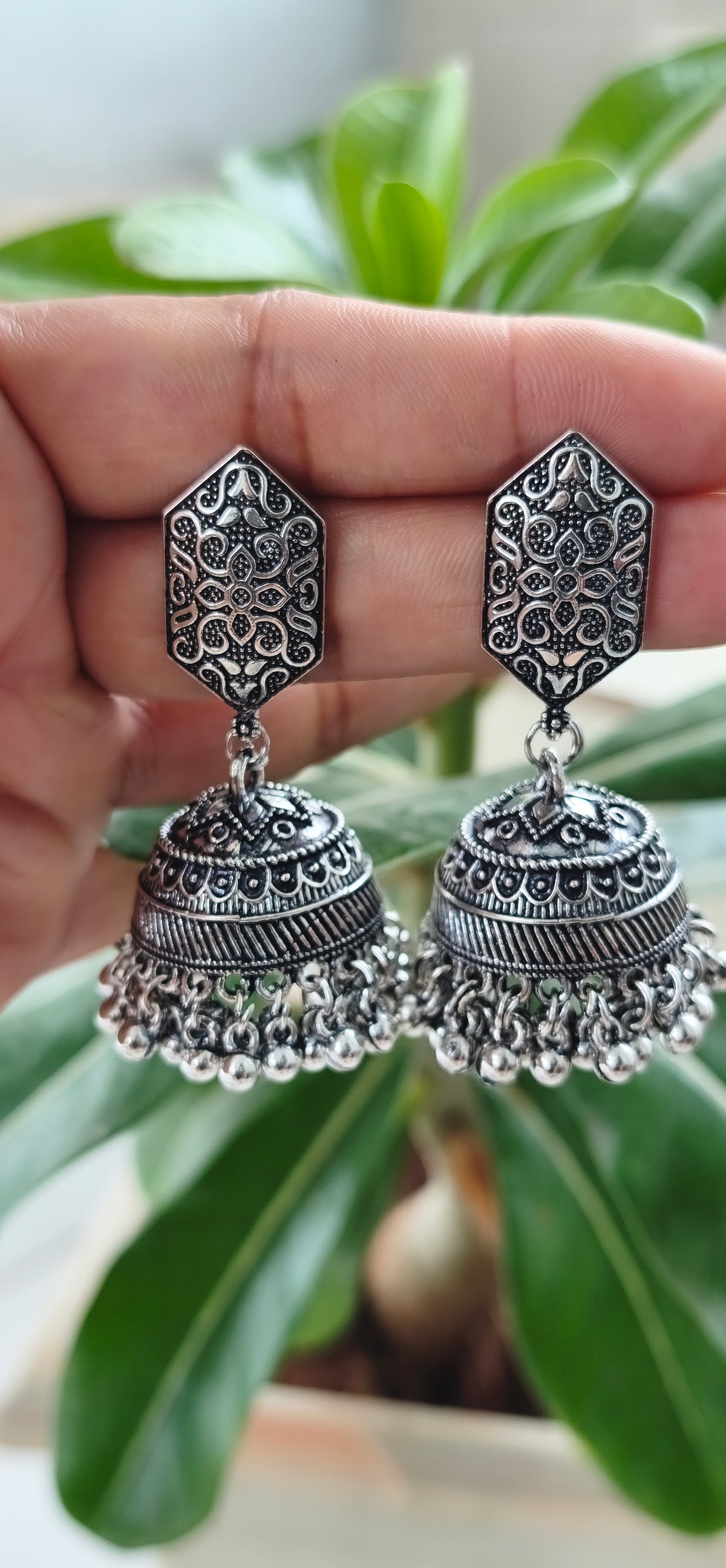Oxidised Silver Hexagonal Top Jhumka Earrings