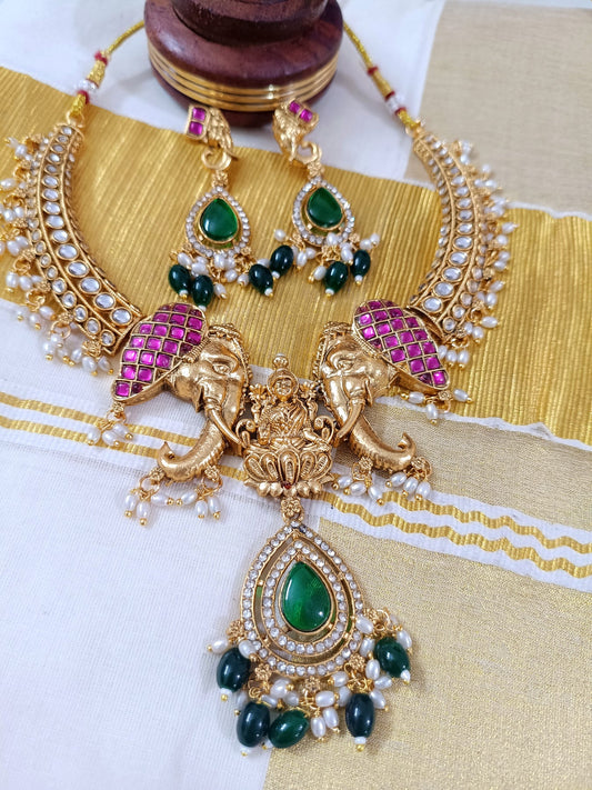 Royal Emerald Elephant Lakshmi Necklace Set