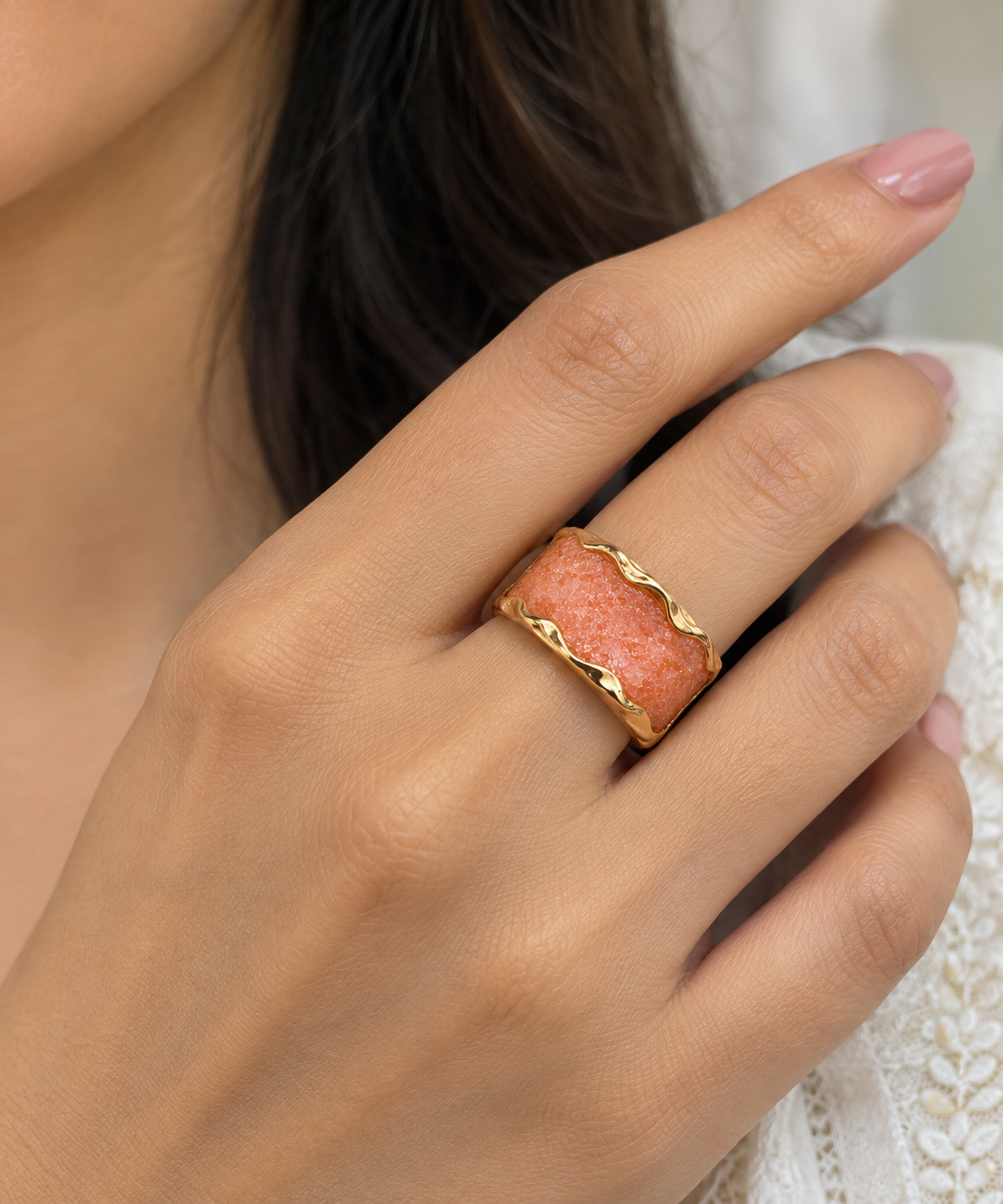 Coral Glow Textured Statement Adjustable Ring