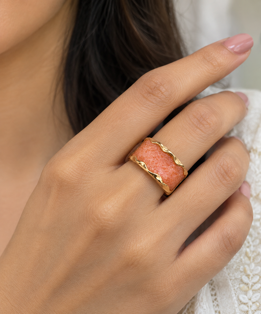 Coral Glow Textured Statement Adjustable Ring
