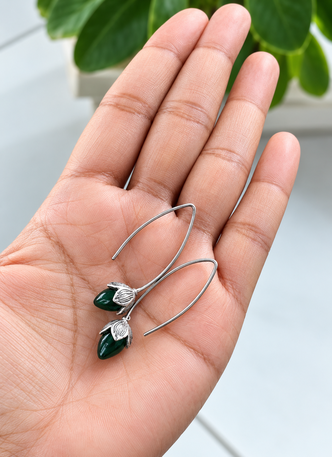 Emerald Leaf Drop Silver Earrings