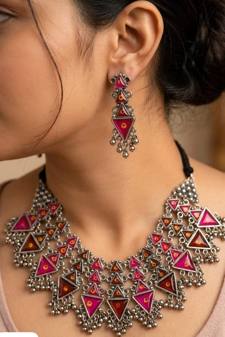 Tribal Triangle Pink & Rust oxidised Navratri Necklace Set