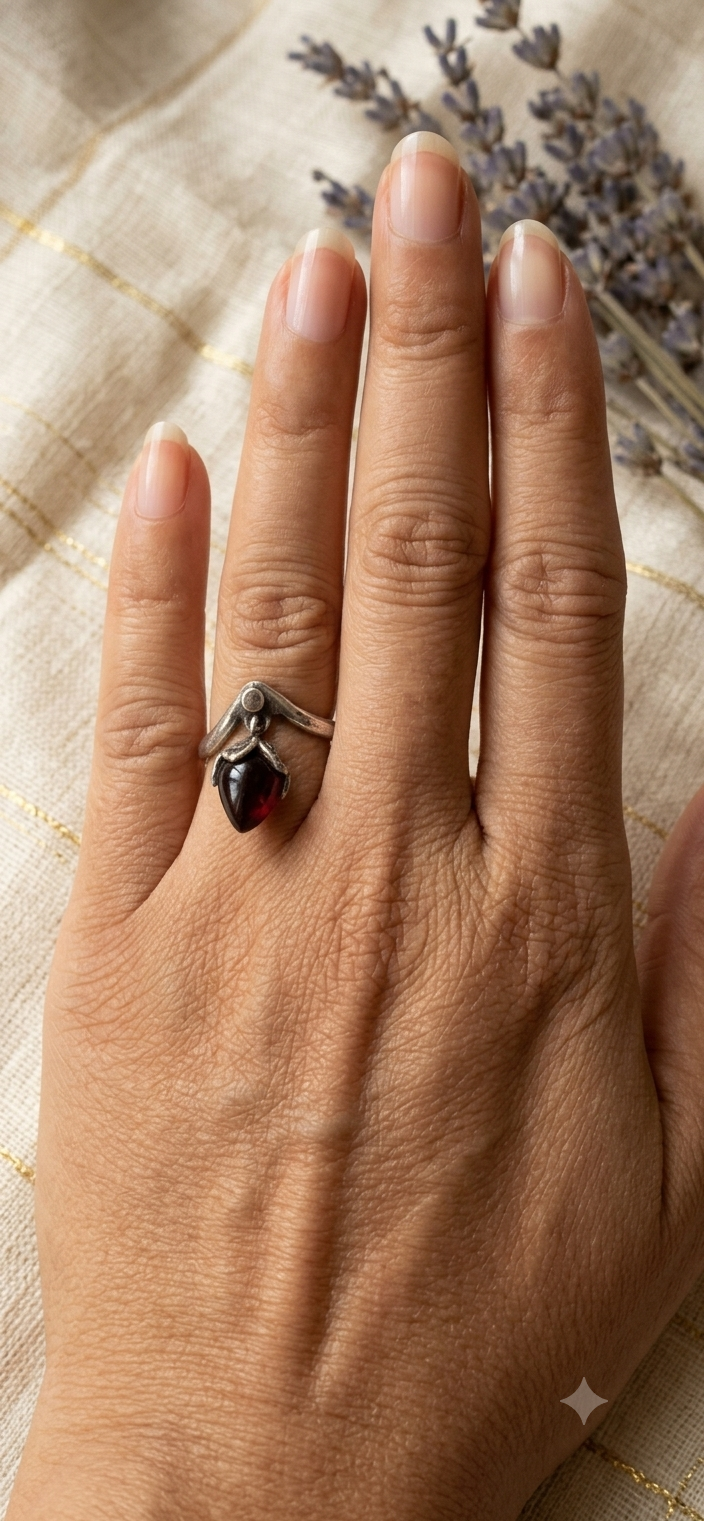 Crimson Bud - Oxidized Silver Teardrop Ring