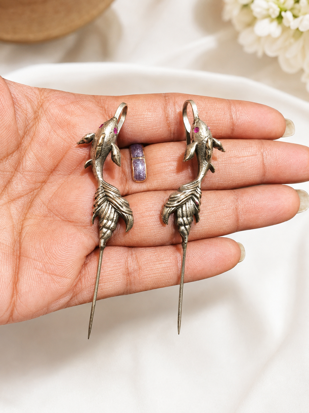 Dolphin Feather Ear Cuff – Antique Silver