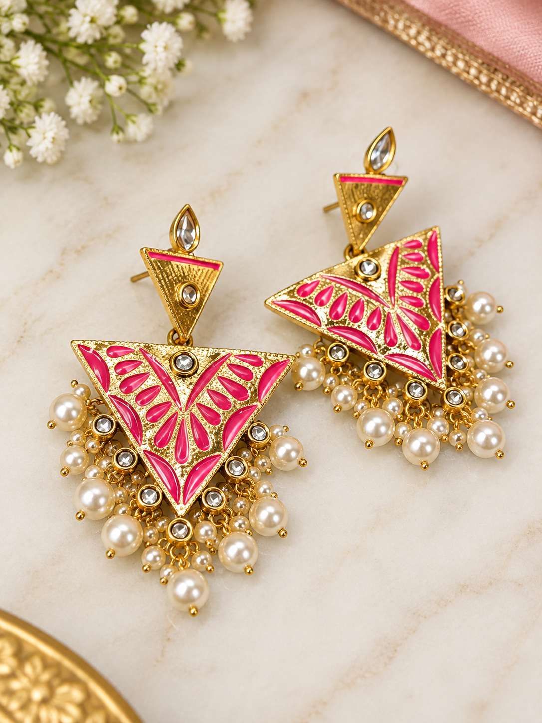 Pink Enamel Triangle Pearl Drop Earrings