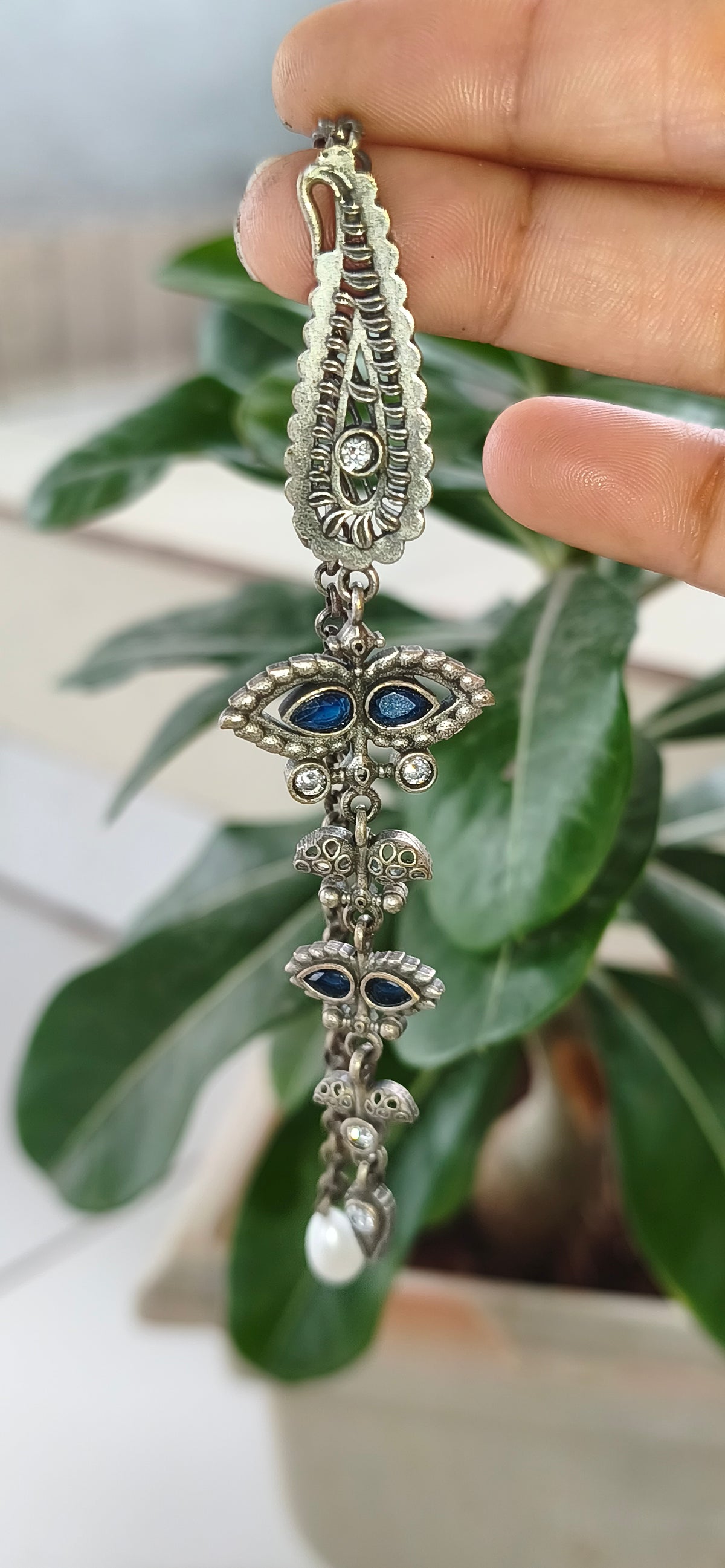 Royal Blue Oxidized Silver Long Drop Earrings