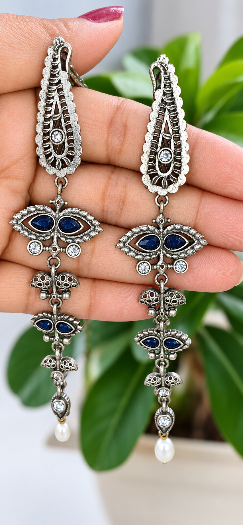 Royal Blue Oxidized Silver Long Drop Earrings