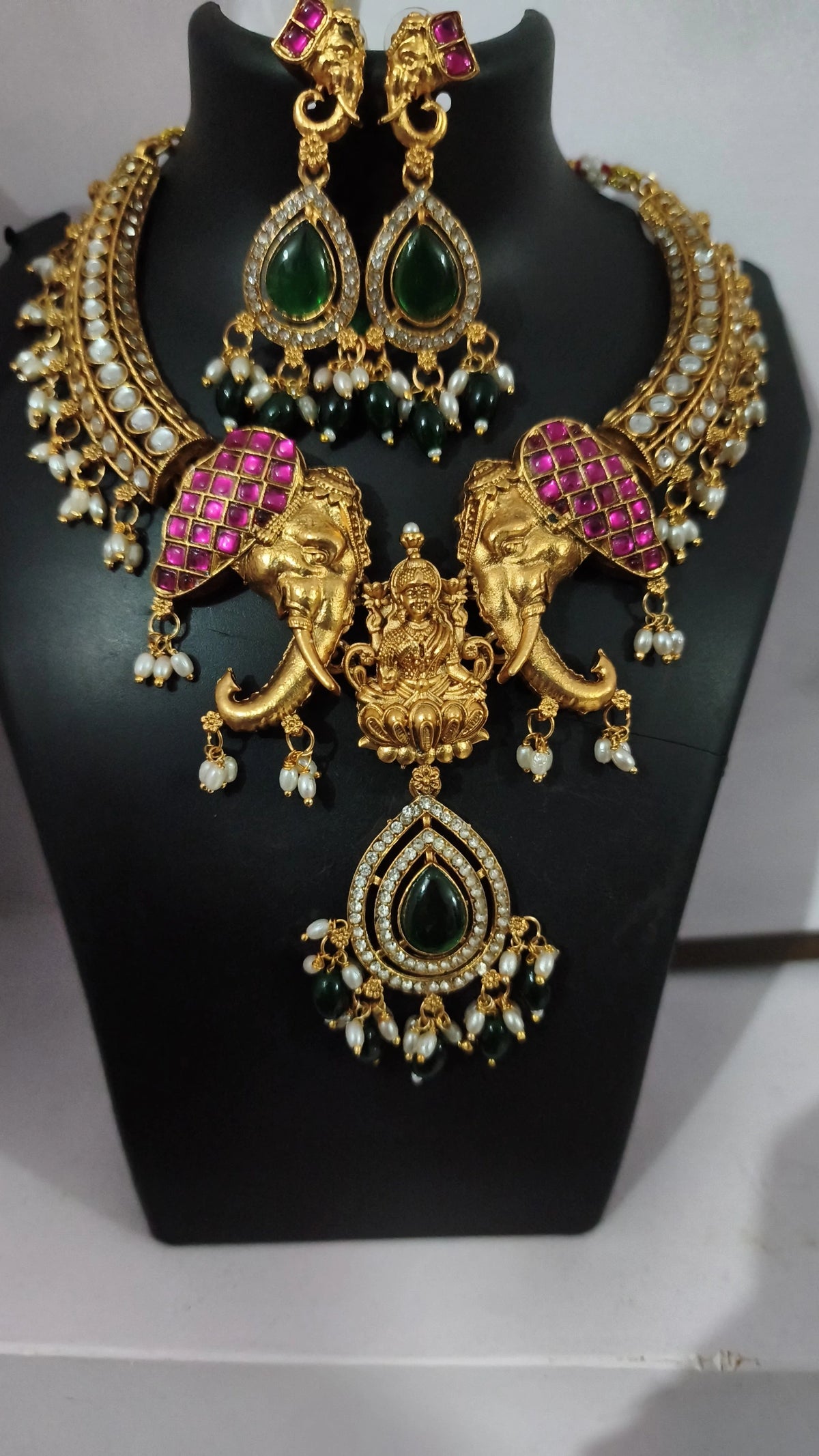 Royal Emerald Elephant Lakshmi Necklace Set