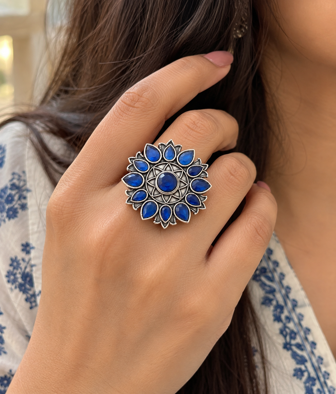 Royal Blue Lotus Statement Ring