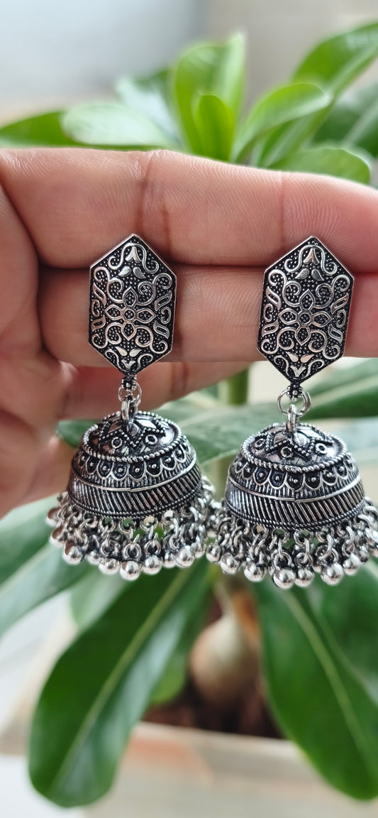 Oxidised Silver Hexagonal Top Jhumka Earrings