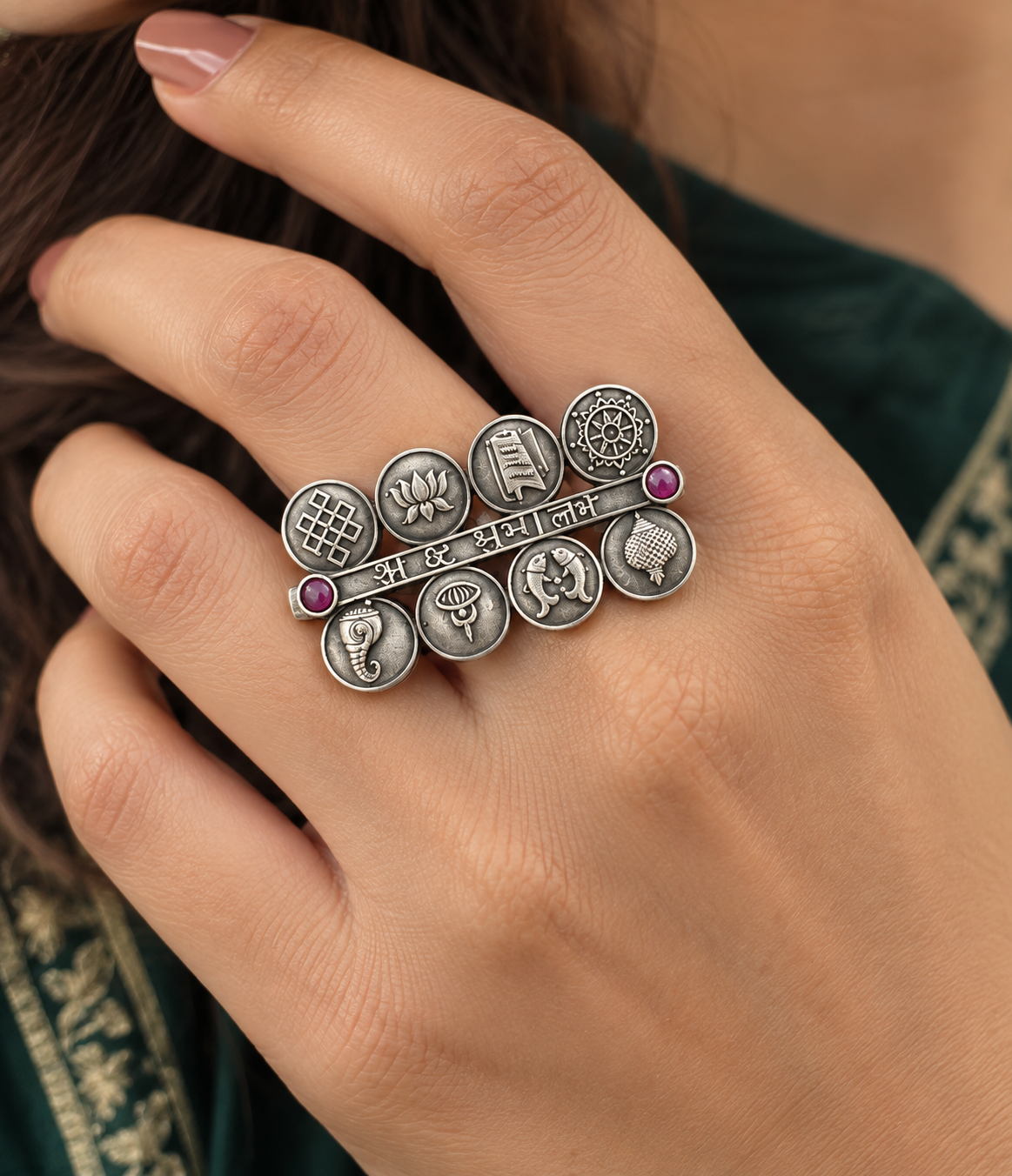 Oxidized Ashtmangal Adjustable Ring