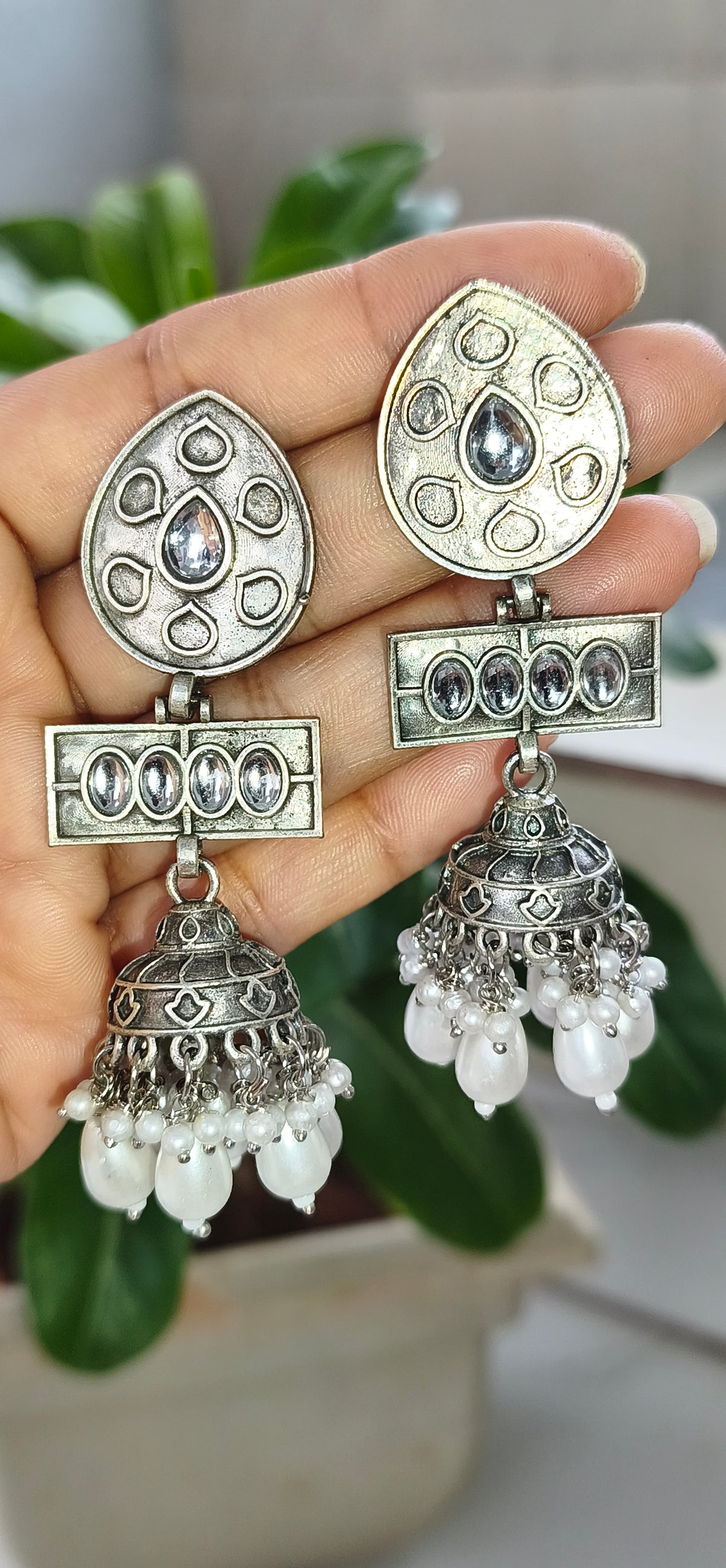 Oxidized Silver Pearl Drop Jhumka Earrings