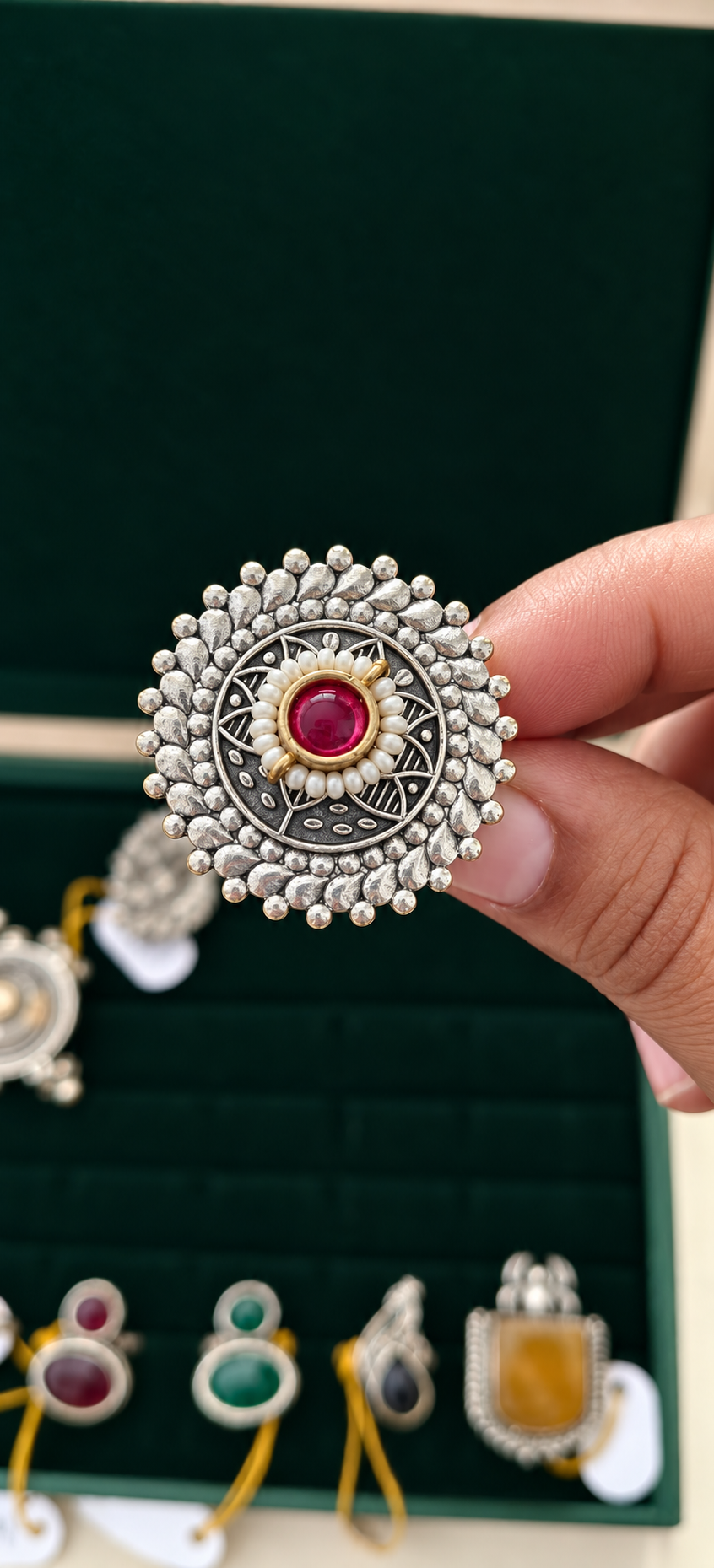 Oxidised Silver Ruby Pearl Statement Ring