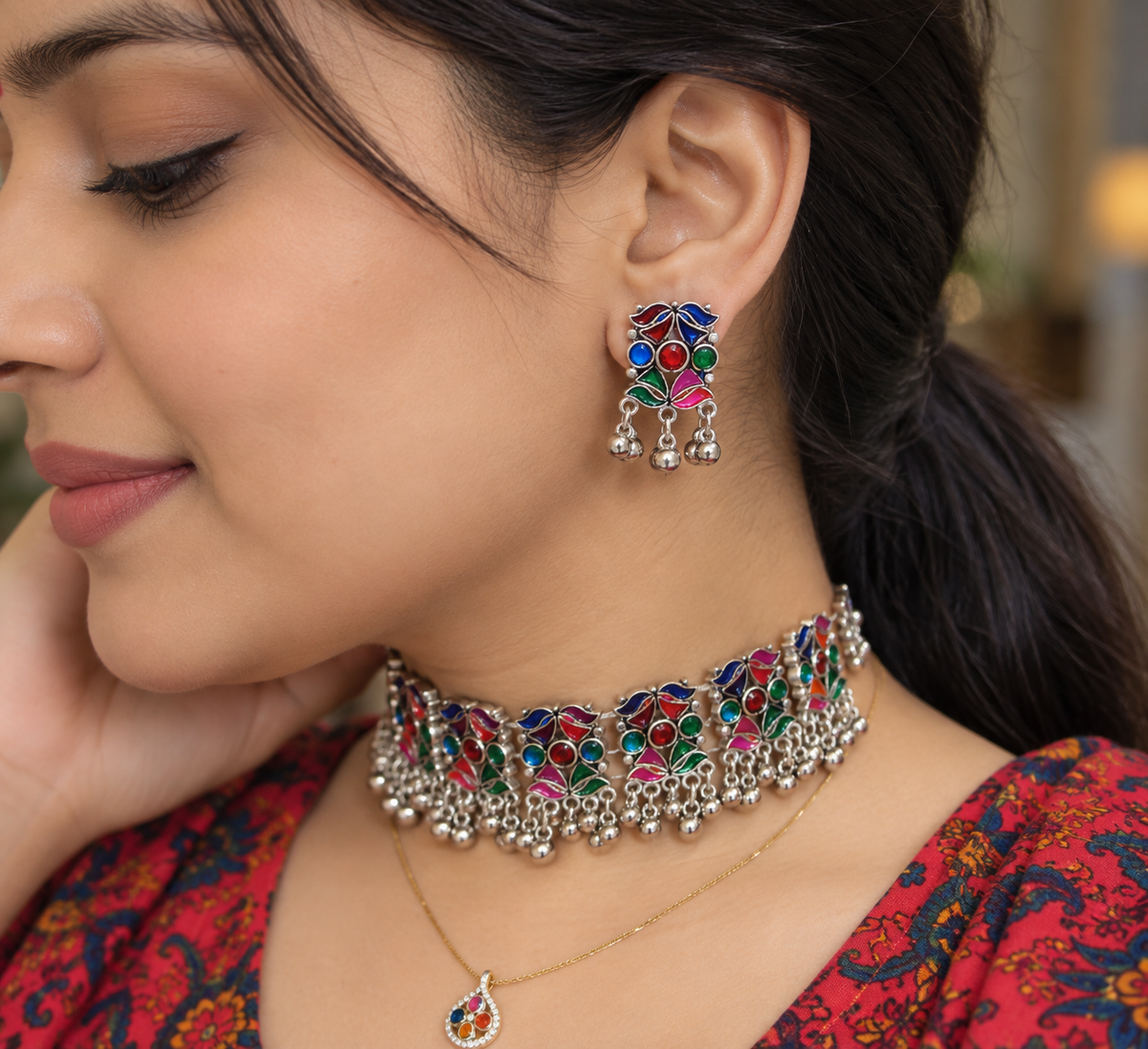 Multicolor Enamel Silver Choker Set
