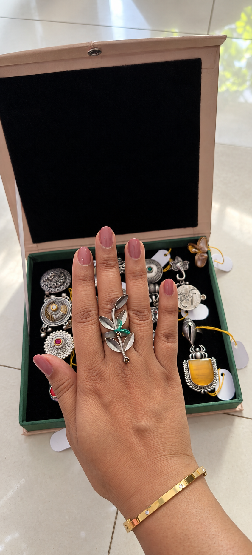 German Silver Green Leaf Statement Ring