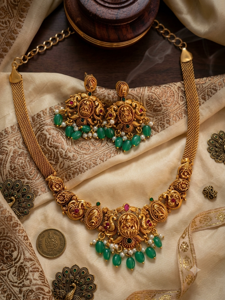 Antique Gold Temple Jewelry Set with Pink /green Beads