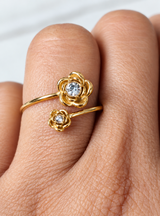 Dual Floral Bypass Anti tarnish Ring with Crystal Accents