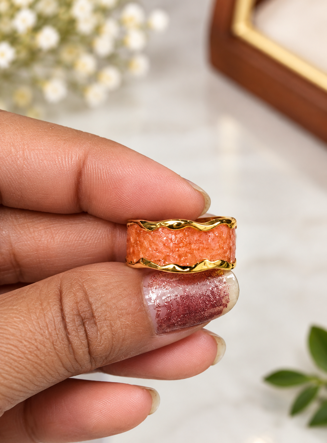 Coral Glow Textured Statement Adjustable Ring
