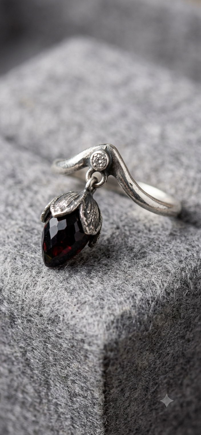 Crimson Bud - Oxidized Silver Teardrop Ring