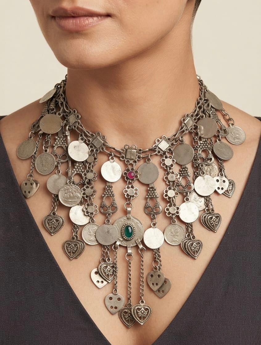 Oxidised Silver Tribal Coin & Heart Charm Necklace