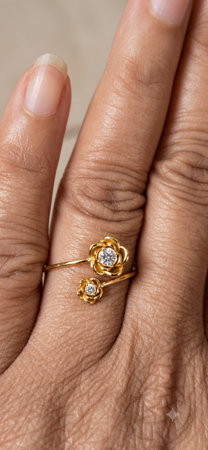 Dual Floral Bypass Anti tarnish Ring with Crystal Accents
