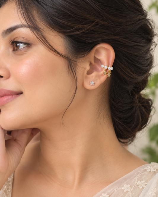 Gold-Plated Celestial Pearl & Cubic Zirconia Dangle Ear Cuff (Non-Pierced Clip-On Earring)